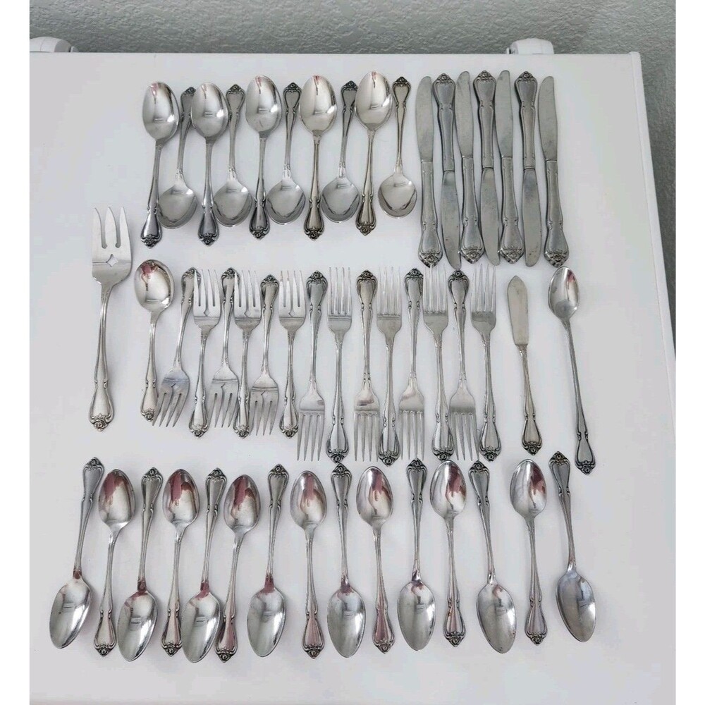 1881 Rogers Oneida Arbor Rose USA Stainless 50 Piece Flatware Forks Spoons Knife